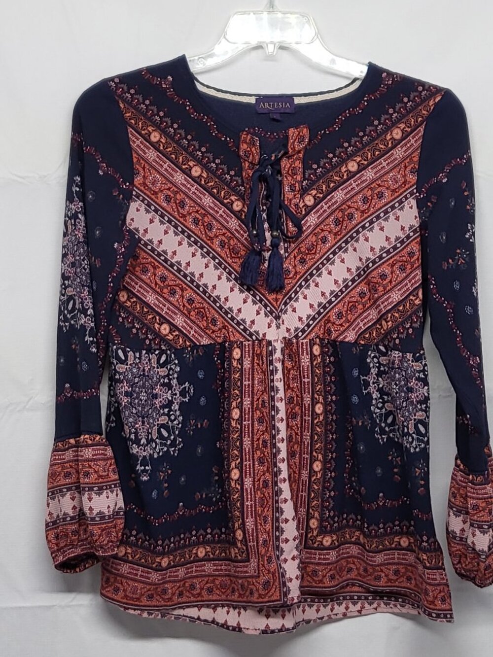 Artesia Womens Floral Top Boho Size Large Long Sleeve Tassel Textured Peasant